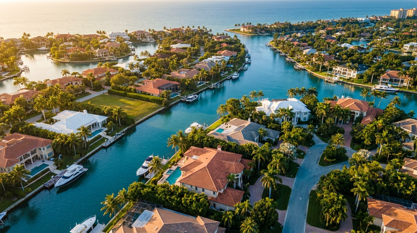 Aerial of an exclusive Naples waterfront enclave
