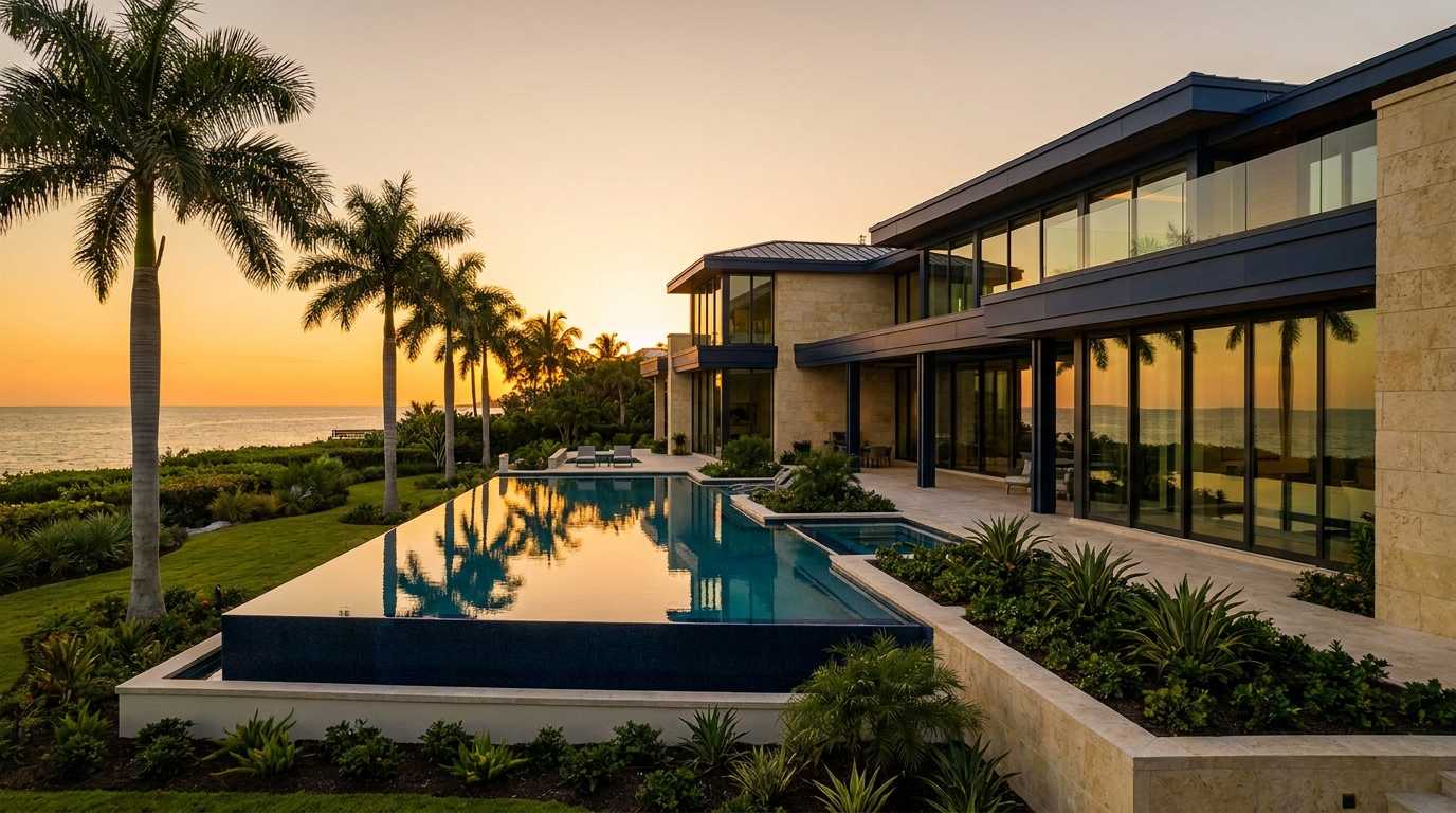 A waterfront luxury estate in Naples at golden hour