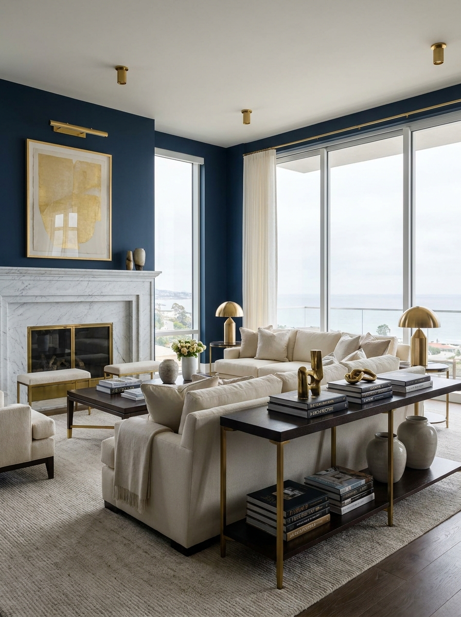 Refined navy and gold luxury interior