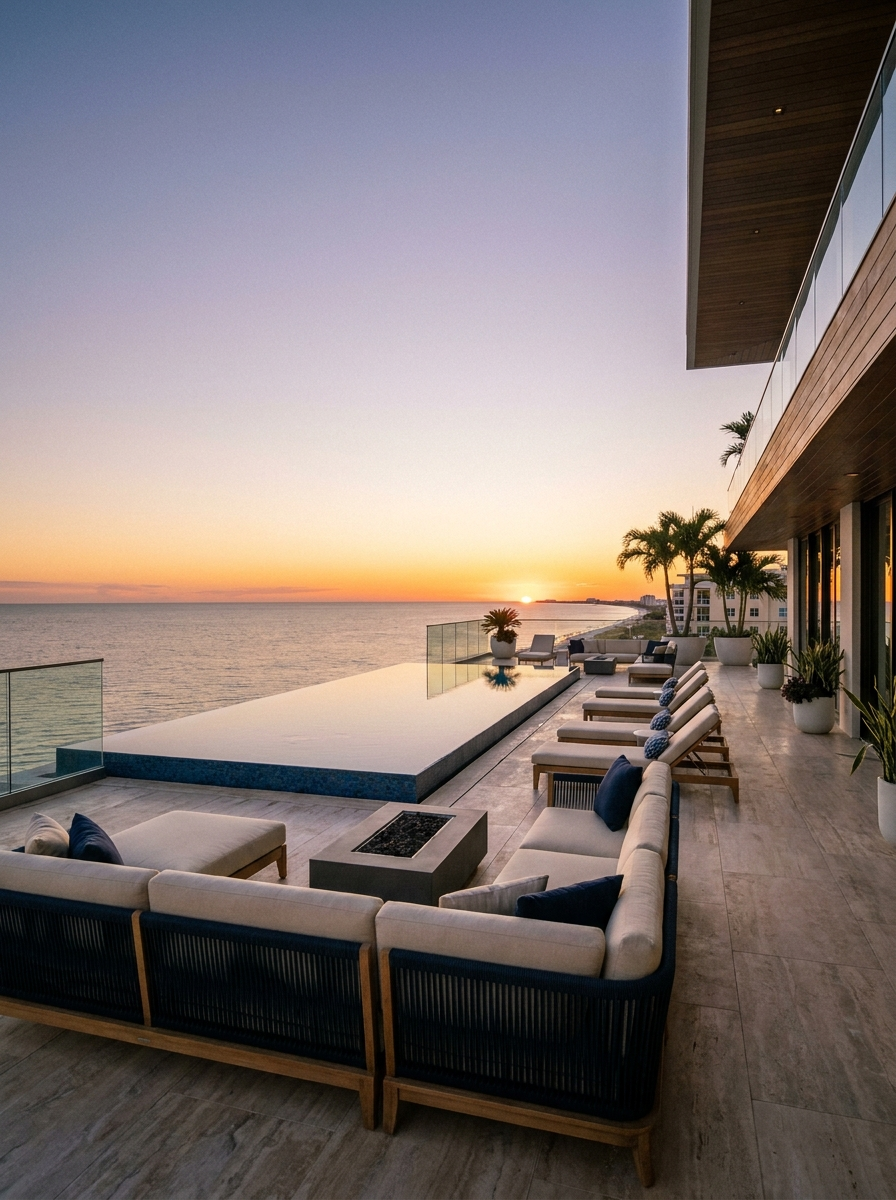 Contemporary penthouse terrace overlooking the Gulf
